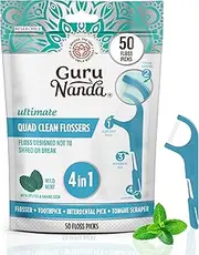 GuruNanda Quad Clean Floss Picks 4-in-1 with Tongue Scraper, Interdental Pik & Toothpick, Non-Shred Dyneema Thread, with Xylitol & Baking Soda, 50ct