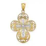 14k Yellow & Rhodium Gold W/ Rhodium D/C and Cut Out Filigree Cross Charm