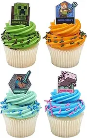 DecoPac Minecraft Lush Finds Rings, Cupcake Decorations Featuring Creeper, Alex, Steve and Axolotl! Multicolored 3D Food Safe Cake Toppers – 24 Pack