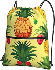 EdWal Pineapple Print Drawstring Backpack Gym Bags Sports Bags With Zipper Pocket For Travel Swimming Beach, Black, One Size