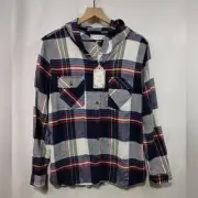 NWT Pink Rose Button Down Plaid Hoodie Shirt Womens L Multicolor Retro Boho 90s