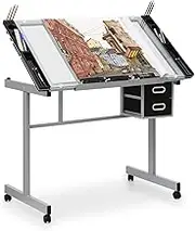 Magshion Adjustable Drafting Table with 65° Tilting Glass Top – Portable Art Desk with 2 Storage Drawers, 4 Tool Trays & Lockable Rolling Casters for Artists, Designers, & Students (Clear)