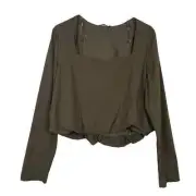 Zara Olive Green Sweetheart Square Neckline Long Sleeve Top Size Large NEW