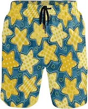 [GuoChe] Swim Trunks for Mens Yellow Stars and Blue Lattice Quick Dry Beachwear Holiday Beach Short Casual Board Shorts