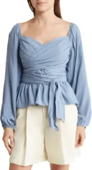 BCBGMaxazria Women's Jacquared Ruched Balloon-Sleve Light Blue Peplum Top M NWT