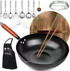 Carbon Steel Wok Pan, 14 Piece Woks & Stir-Fry Pans Set with Wooden Lid Cookware