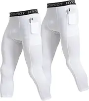 [HYCOPROT] Men's 3/4 Leggings Compression Trousers Sports Leggings Breathable Tight Trousers for Basketball, White and White, L