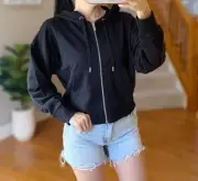 DKNY womens terry Full Zip Jacket Hoodie Black XL Crop Kangaroo Pocket Embroidey