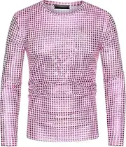 [Generic] Metal T-Shirt Men's Round Neck Long Sleeved Party Club Shiny top