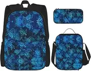 [StOlmx] 3 Pcs Set Backpack,Waterproof Bookbag, Insulated Lunch Bag & Pencil Case Pouch, Travel,Hiking,Rustic Rose Flower Print, Sea Turtle-blue, One Size