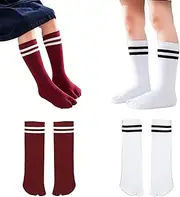 [Pursuestar] 2 Pairs Cotton Two Big Toe Tabi Flip Flops V Socks Elastic Casual Long Calf High Striped Socks for Kids Boys Girls 3-12 Years