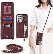 [Cavor] Vertical Flip Cover for Samsung Galaxy S21 Ultra Leather Case 6.8'' Crossbody Wallet Card Slots with 360°Rotation Ring Holder Kickstand & Long Shoulder Lanyard Strap-Wine Red