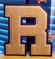 NEFF Varsity Letter "R" School Letterman Gold Patch on Purple, 7" - NEW