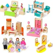 52 Pcs Wooden Dollhouse Furniture Set Miniature Doll House with Dolls 1:12 Scale Dollhouse Accessories Include People Bathroom Living Room Dining Room Bedroom Kitchen for Teens
