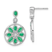 14k White Gold Emerald and Real Diamond Floral Dangle Earrings
