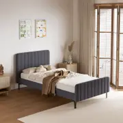 Oikiture Bed Frame Base Velvet Fabric Grey ROYO - King Single