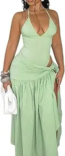 [Halfword] 2 Piece Maxi Skirt Sets Sexy Halter V Neck Backless Bodysuit Sarong Wraps Beach Vacation Clothes Going Out Outfits, Mint Green, Small