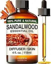 Kukka Sandalwood Essential Oil for Diffuser & Skin - 118ml - 100% Pure Natural Sandalwood Oil, Woody Scent, for Massage, Perfume, Hair, Aromatherapy, Candle & Soap Making Scent DIY