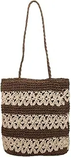[Generic] Women Vacation Straw Bag Large Capacity Elegant Woven Handbag Stripe Pattern Seaside Straw Shoulder Bag Shopping Work Date Party Bag