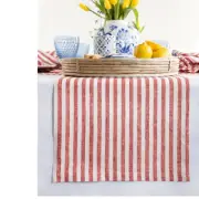 Amalfi Stripe 100% Pure Linen Table Runner 14x108 Inches – Elegant Red & White