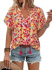 [Unixseque] Summer Tops for Women Casual Boho Blouses Short Sleeve V Neck Shirts Tie Front 2025 Trendy Beach Vacation Clothes