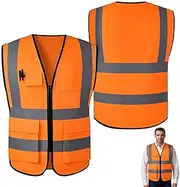 [Senshuomy] Hi-Vis Vest Waistcoat, High Visibility Sleeveless Waistcoat for Women Men High Visibility Reflective Safety Security Vest with Pockets Zipper Front Meets ANSI/ISEA Standards-XXL/Orange