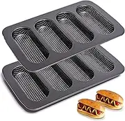 Yomvzake Hot Dot Bun Pan Set of 2, Perforated Carbon Steel Non-Stick Hotdog Mold, Bread Forms for Crispy Mini Baguette Sandwich Baking Tray, Hot Dog Rolls