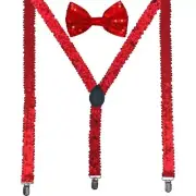 Men AB Elastic Band Red Sequin Suspender With Maching Polyester Bowtie
