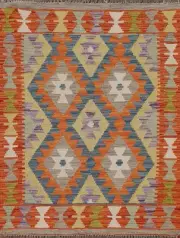 Geometric Wool Kilim Oriental Foyer Rug 3x4 Nomadic Flat-Weave Reversible Carpet