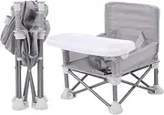 Enliansgo Portable Baby Chair Foldable Highchairs Compact Fold with Straps for Indoor Outdoor Use Booster Seats with Tray for Dining Table Camping Beach (Grey with Placemat)