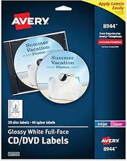 Avery Full-Face CD Labels for Inkjet Printers, Glossy White, 20 Disc Labels and 40 Spine Labels (8944)