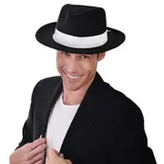 Black Gangster Hat Deluxe Felt with White Band (Elastic Inner) - Adult