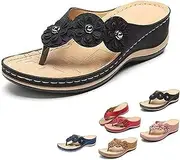 [LIUNJZXNS] Women's Orthopedic Arch Support Flowers Clip Toe Sandals,3D Floral Cutout with Flip Flops,Comfortable Open Toe Wedge Sandals, Black, 9