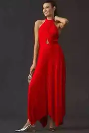 NWT By Anthropologie Plisse Pleated Open Back Halter Jumpsuit Size 10 Red 9C408