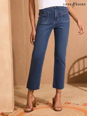 Love & Roses Mid Wash Blue Crop Straight Leg Jeans With Patch Pocket (AK2215) | $111