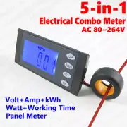 AC80-264V 100A Digital LCD Combo Panel Meter Volt Amp kWh Watt Working Time + CT