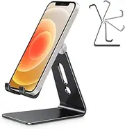Adjustable Cell Phone Stand, OMOTON Aluminum Desktop Cellphone Stand with Anti-Slip Base and Convenient Charging Port, Fits All Smart Phones (Black)