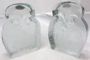 Pair MCM BLENKO GLASS OWL BOOKENDS Vintage W/ Sticker Mid Century NOS