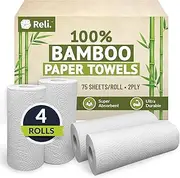 Reli. Bamboo Paper Towels (4 Pack) | Paper Towels Rolls 2 Ply | 75 Sheets/Roll, Full Size Sheets | Unbleached, Organic Rolls for Kitchen, Bathroom | 100% Bamboo