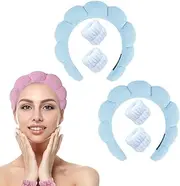 Spa Headbands for Washing Face or Facial Sponge Makeup Skin Care Headband Wristband Set Towel Bubble Soft Sponge Hairband for Women Girls Puffy Winter Non Slip Thick Thin Hair Accessory(Blue 2 Pack)