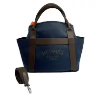 在飛比找Yahoo奇摩購物中心優惠-HERMES The Groom 海軍藍帆布手提肩背購物包(