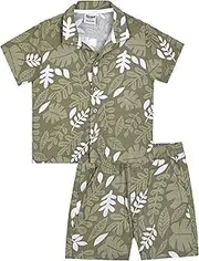 [Quicksand] Boys 2 Pieces Summer Beach Outfits Short Sleeve Button Down Shirts and Shorts Vacation Texture Sets for Kids, Olive Green Leaf Print, 7