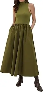 [Dsewpaur] Sleeveless Maxi Dress for Women Patchwork Turtleneck Pullover Dresses with Pockets Casual Plain Flowy Long Dress