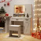 Makeup Vanity Desk with Mirror and Lights Dressing Table and Stool Set White