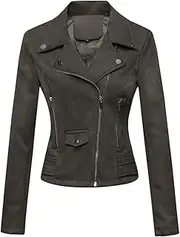 [Zylphorix] Women Suede Short Leather Jacket Suede Fabric Long Sleeve PU Outwear Long Sleeve Micro Suede Coat