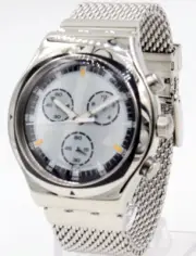 New Swiss Swatch Irony TV Time Steel Mesh Chronograph Watch 43mm YVS453MB $195