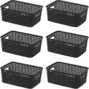6-Pack Plastic Storage Baskets Set of Stackable Weave Baskets Sturdy Storage Containers with Handle for Shelves, Desktops, Cabinets, Bedrooms, Office (Black - 6 Pack)