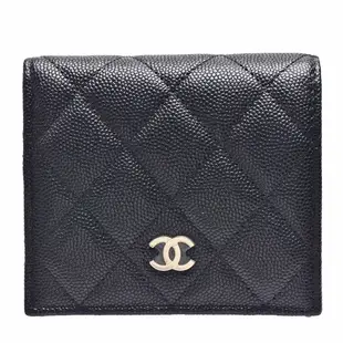 CHANEL 經典雙C LOGO菱格粒紋小牛皮對折短夾(黑色)