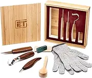 Elemental Tools 9pc Wood Carving Set - Hook Carving Knife, Whittling Knife, And Detail Wood Knife For Spoon, Bowl, Kuksa Cup Or General Woodwork - Bonus Cut Resistant Gloves And Bamboo Gift Box