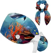 [YTYVAGT] Scrub Caps Women with Buttons,Surgical Caps with Button Adjustable Unisex,Dolphins Fish Ocean Coral